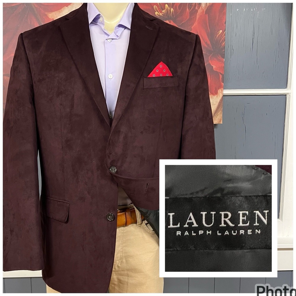 Lauren Ralph Lauren Sueded Blazer Sport Coat Mens 44L Long Polyester Burgundy